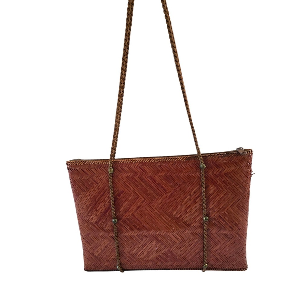70s Vintage Woven Straw Purse Rope Shoulder Straps Brown